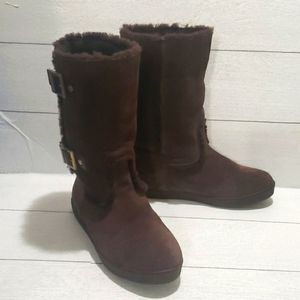 Tory Burch Brown Shearling And Suede Midcalf Flat Womens  Boots Size 8.5